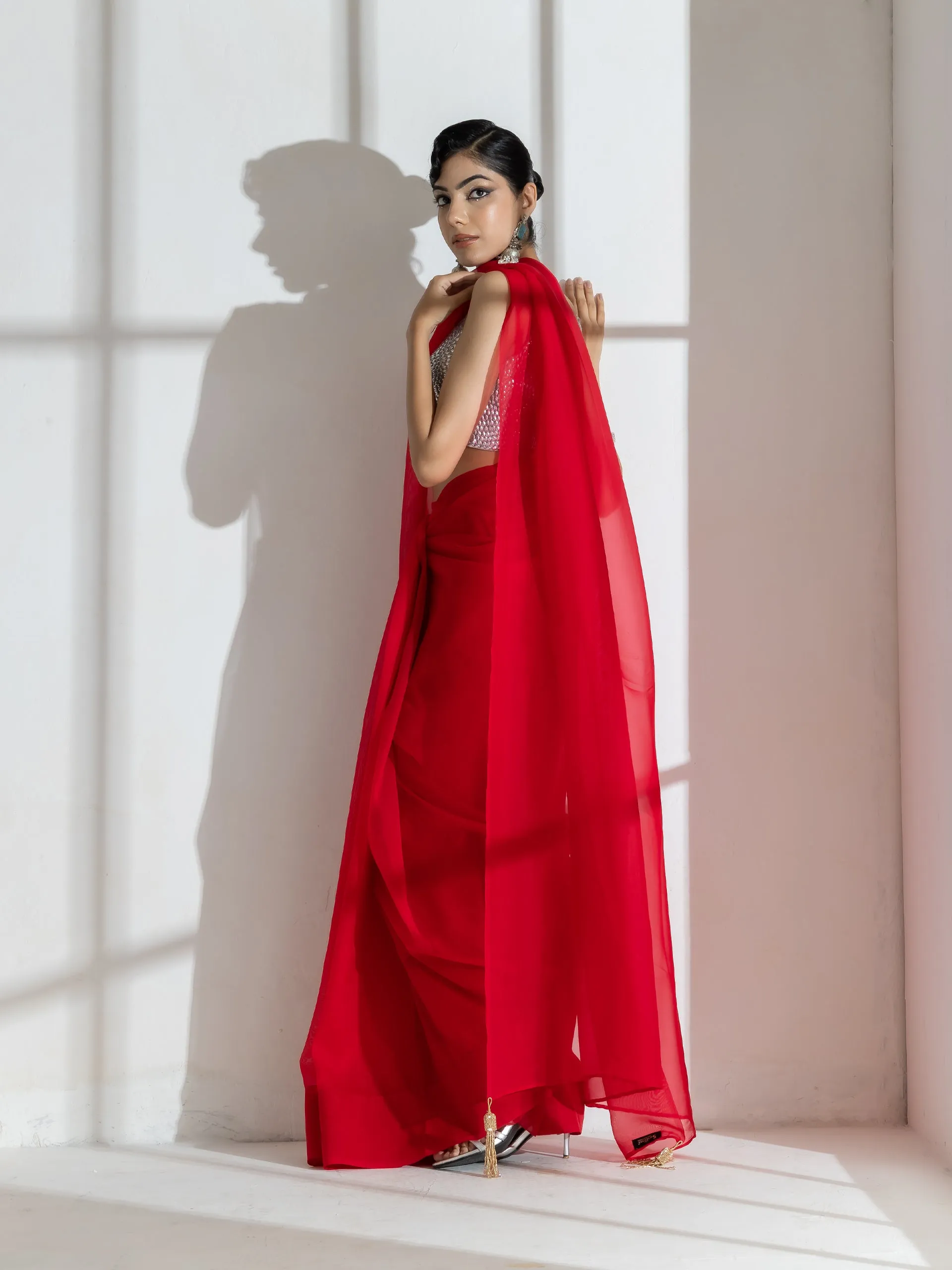 Devil Red Soft Organza Saree with Long Beaded Gold Latkan and Self Blouse Fabric