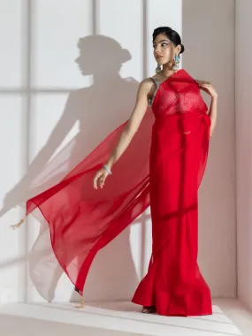 Devil Red Soft Organza Saree with Long Beaded Gold Latkan and Self Blouse Fabric