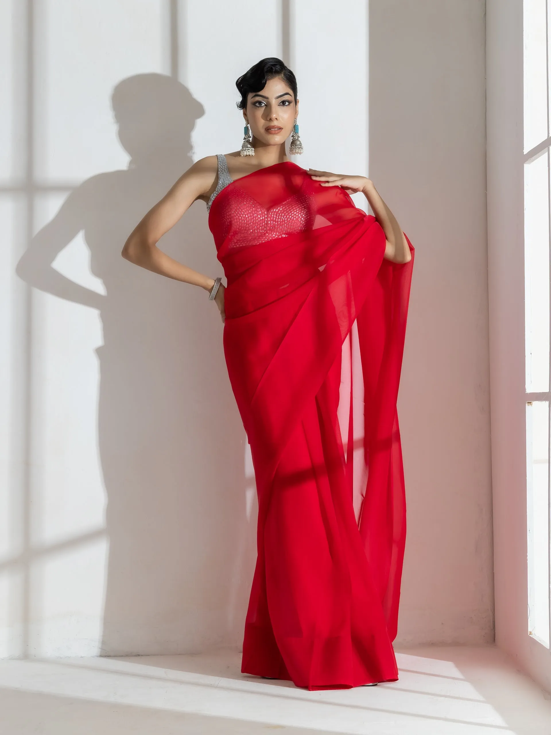 Devil Red Soft Organza Saree with Long Beaded Gold Latkan and Self Blouse Fabric