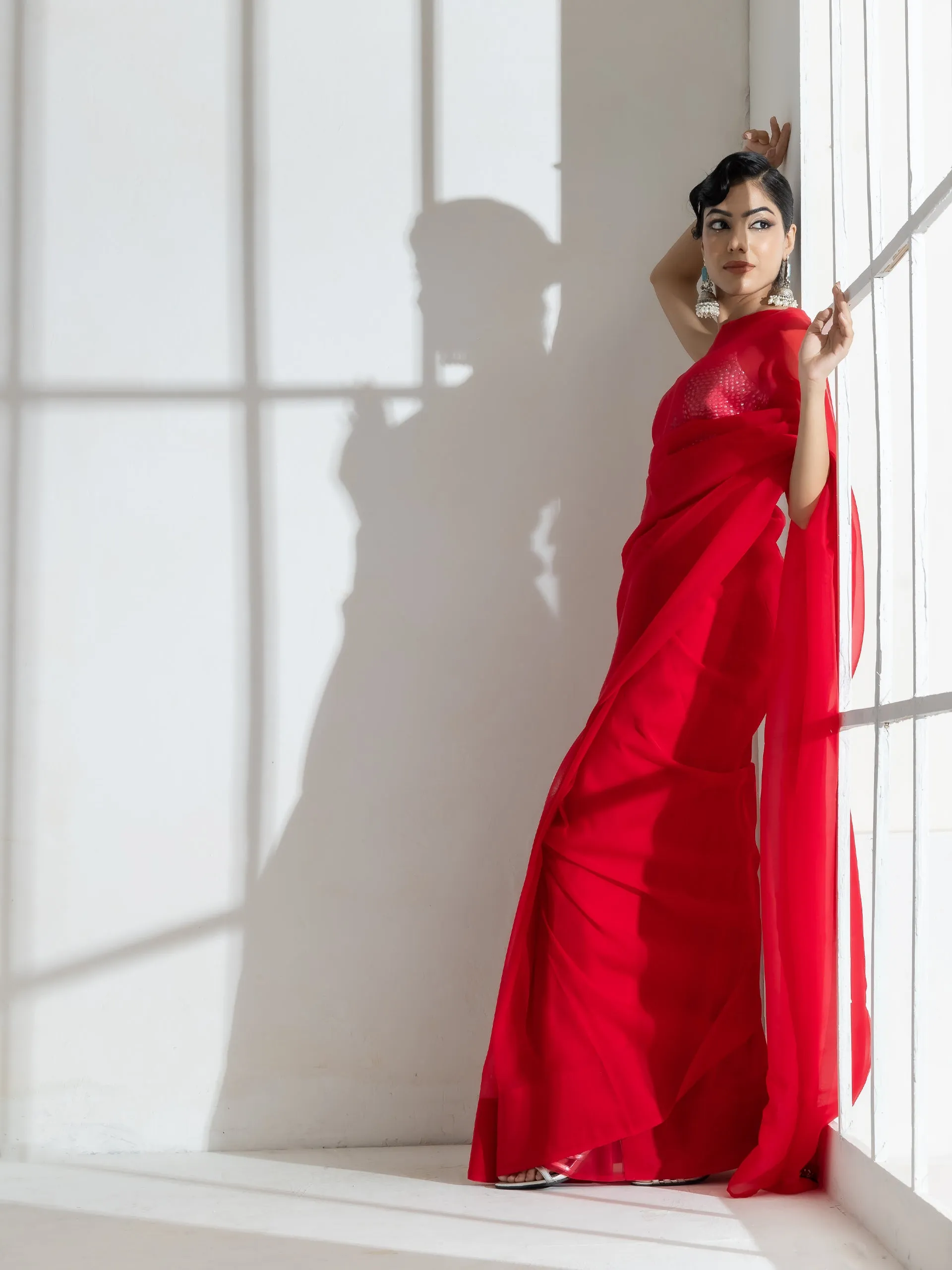 Devil Red Soft Organza Saree with Long Beaded Gold Latkan and Self Blouse Fabric
