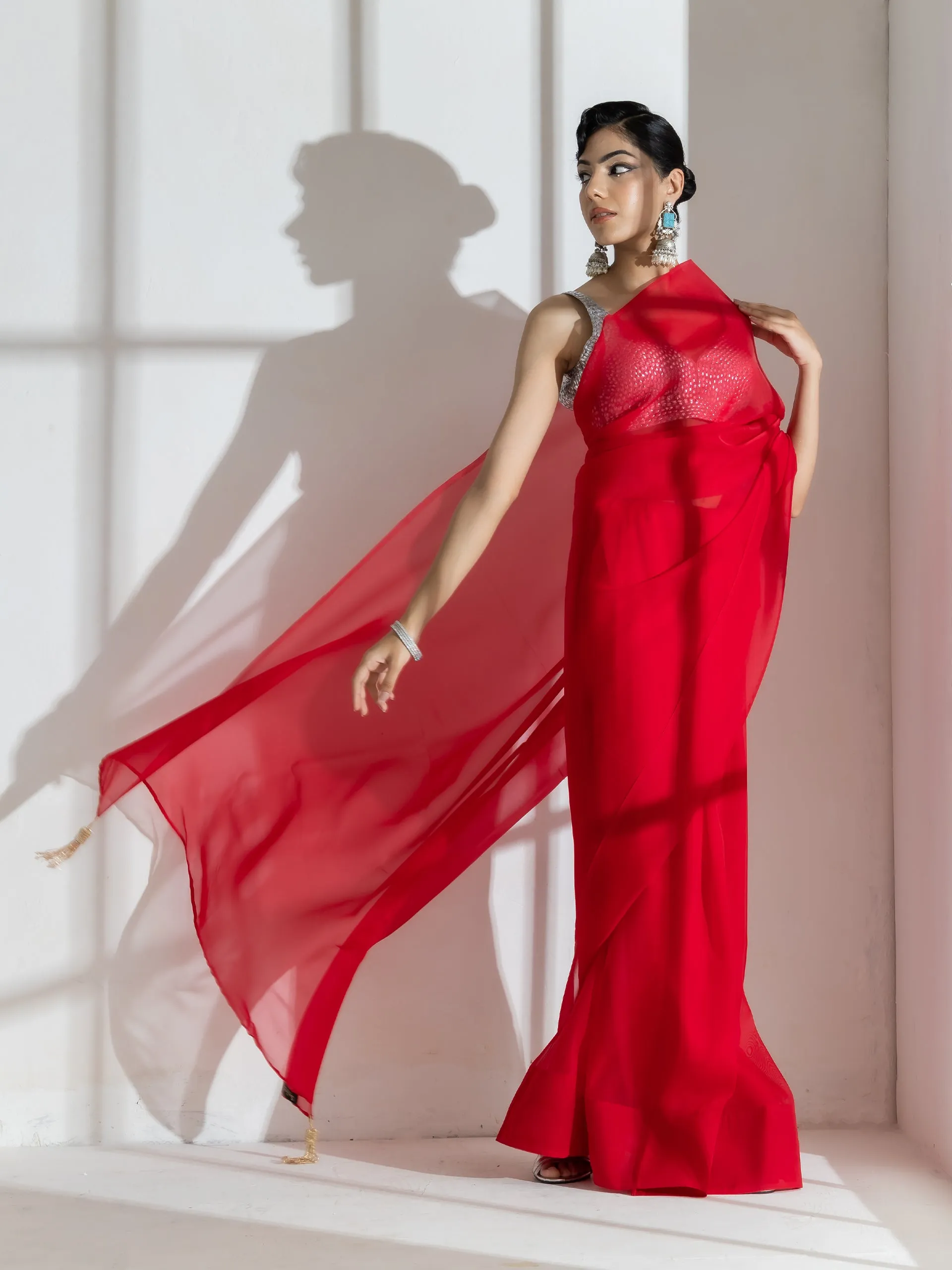 Devil Red Soft Organza Saree with Long Beaded Gold Latkan and Self Blouse Fabric
