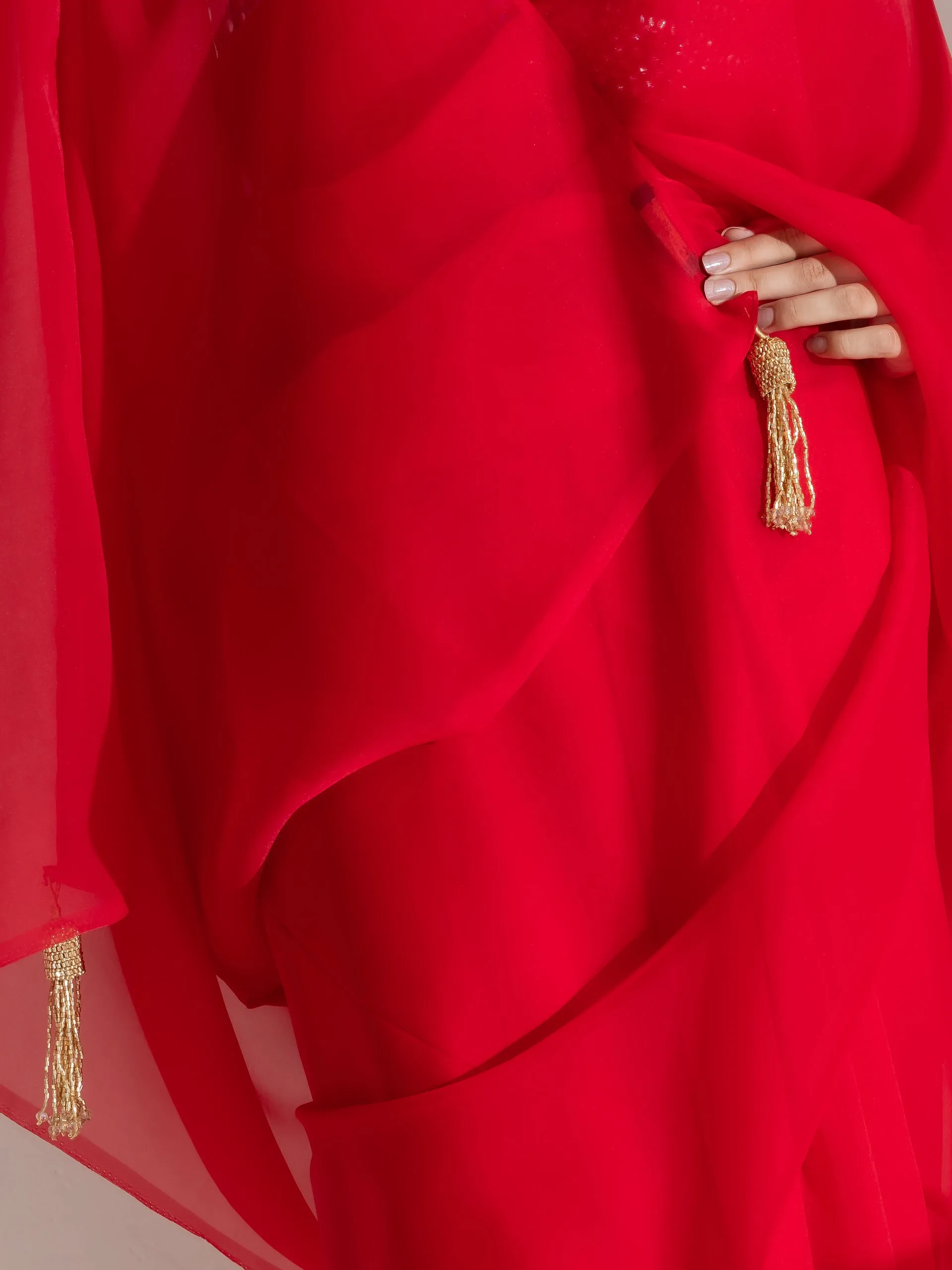 Devil Red Soft Organza Saree with Long Beaded Gold Latkan and Self Blouse Fabric
