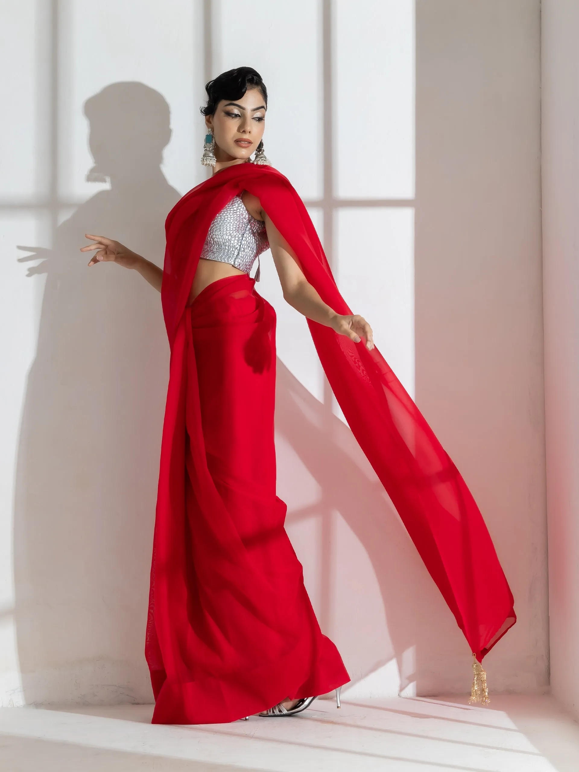Devil Red Soft Organza Saree with Long Beaded Gold Latkan and Self Blouse Fabric